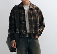 Veste décontractée élégante pour homme en tissu écossais noir et blanc avec garniture en cuir PU, simple boutonnage, automne