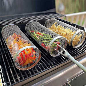 Cesta de asar cilíndrica de acero inoxidable de gran venta, juego de herramientas para barbacoa, cesta de red para parrilla con gancho para exteriores - Product Image 6