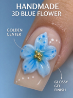 Vente en gros de faux ongles 3D à motifs floraux, bleus, à bout français, courts, carrés, avec centre doré, pour femmes, manucure