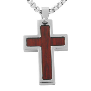 Titanium Steel <b>Cross</b> Pendant Mahogany Inlay Christian Religious Necklace For Men Everyday Wear - Product Image 1