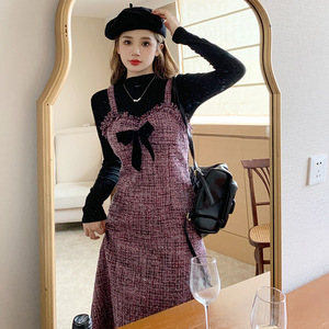 Mengmeng WP-614 Two Piece Set <b>Long</b> Sleeve Top With Bow <b>Slip</b> Dress High Neck Vintage Style Daily Wear Casual Dresses - Product Image 1