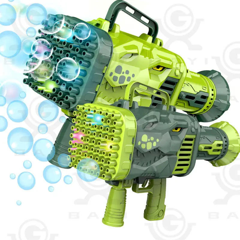 Pistola de burbujas de dinosaurio eléctrica de 64 agujeros, Dino juguete, forma de cohete de jabón, divertida máquina eléctrica automática para hacer burbujas con luz