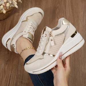 Chaussures de sport décontractées pour femmes, en maille <span class=keywords><strong>blanche</strong></span>, plateforme, accents dorés, douces, respirantes, tendance mode quotidienne, durables - Product Image 1
