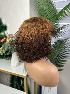 00% Human Hair Wig Full Machine Made Short Water Wave Bob Wig with <b>Fringe</b> None Lace Swiss Lace Raw Material - Product Image 4