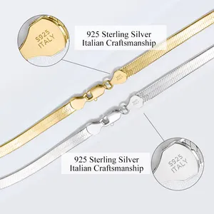 थोक 925 स्टर्लिंग चांदी की चेन लिंक हिप हॉप गहने इतालवी 18K के लिए 3mm फ्लैट Herringbone नाग चेन हार पुरुषों महिलाओं