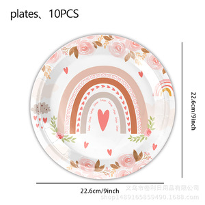 Articles de fête bohèmes roses, ensemble de 60 à 80 pièces, décorations d'anniversaire, vaisselle, impression numérique écologique, rond - Product Image 4