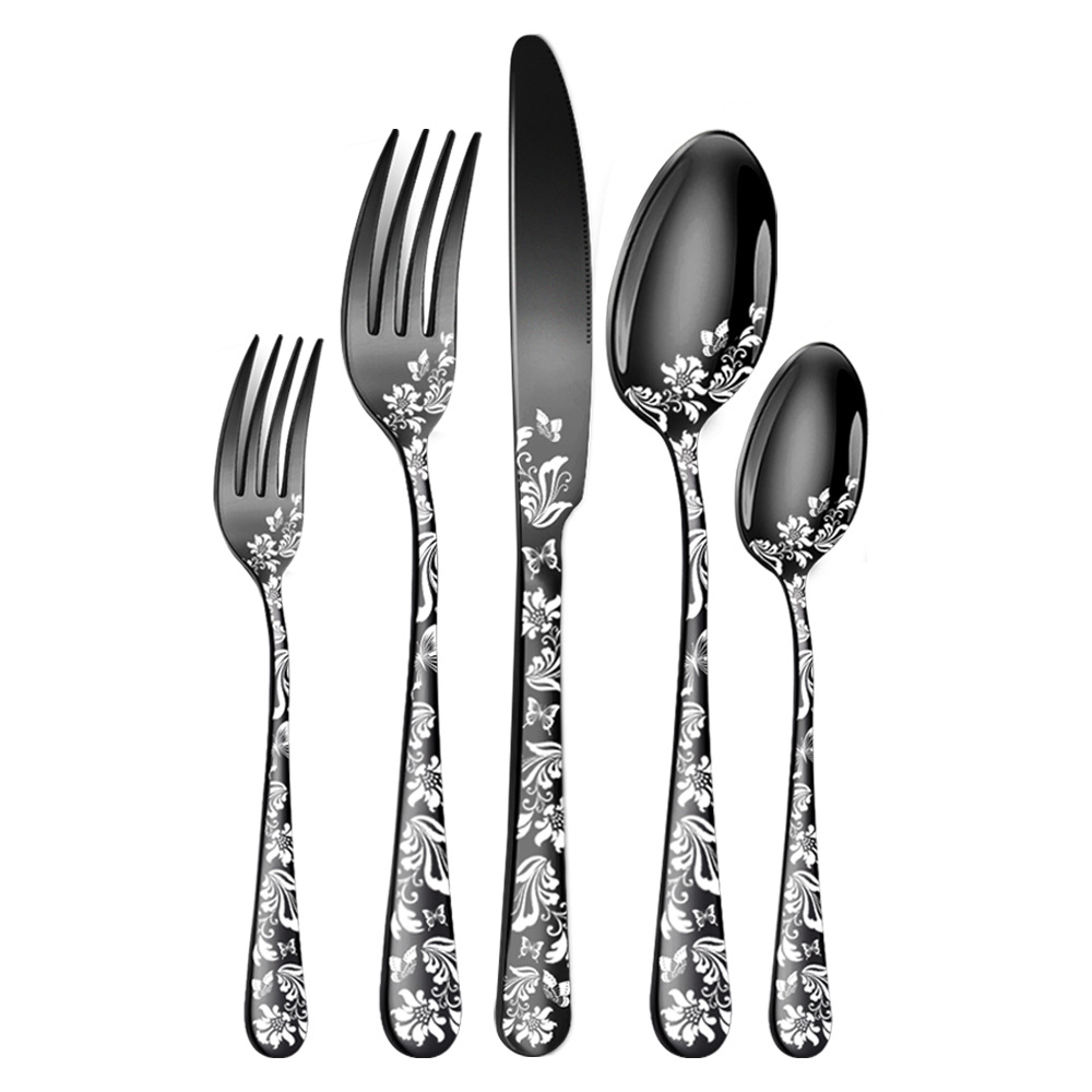 Patterned Black 5-Piece Cutlery Set