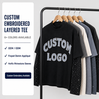 T-shirt Homme Col Montant Superposé Manches Longues en Denim avec Appliques Broderies et Strass Thermocollants Personnalisé Style Y2K Streetwear – Vente en Gros