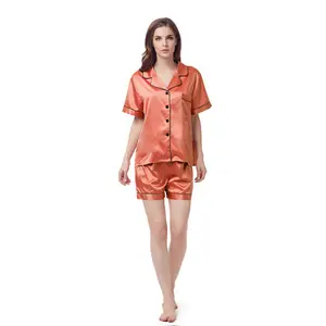 Stock Available Summer Pajamas For Women Set Candy Color 2 Piece Short Sleeve PJ Women's Sleepwear Satin Women's Sleepwear
