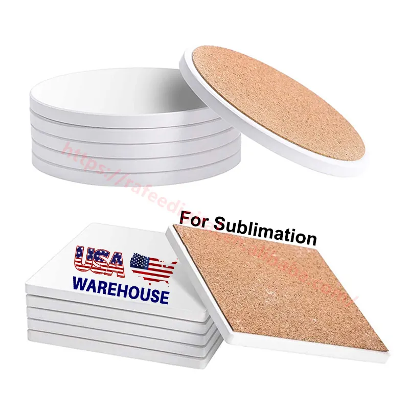 Wholesale Custom Printed Promotional Absorbent Drinks Round Square Plain White Blanks Sublimation Ceramic Coaster with Cork Base