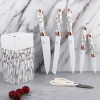 Lot de 7 couteaux de cuisine de style nouveau, noir et blanc, en acier inoxydable avec manche marbré, avec support de rangement inclus