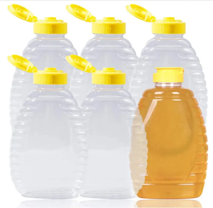 Honing Fles Plastic Flip Cover Verdikte Transparante Food Grade Pet Squeeze Saus Groothandel Knijp Honingfles