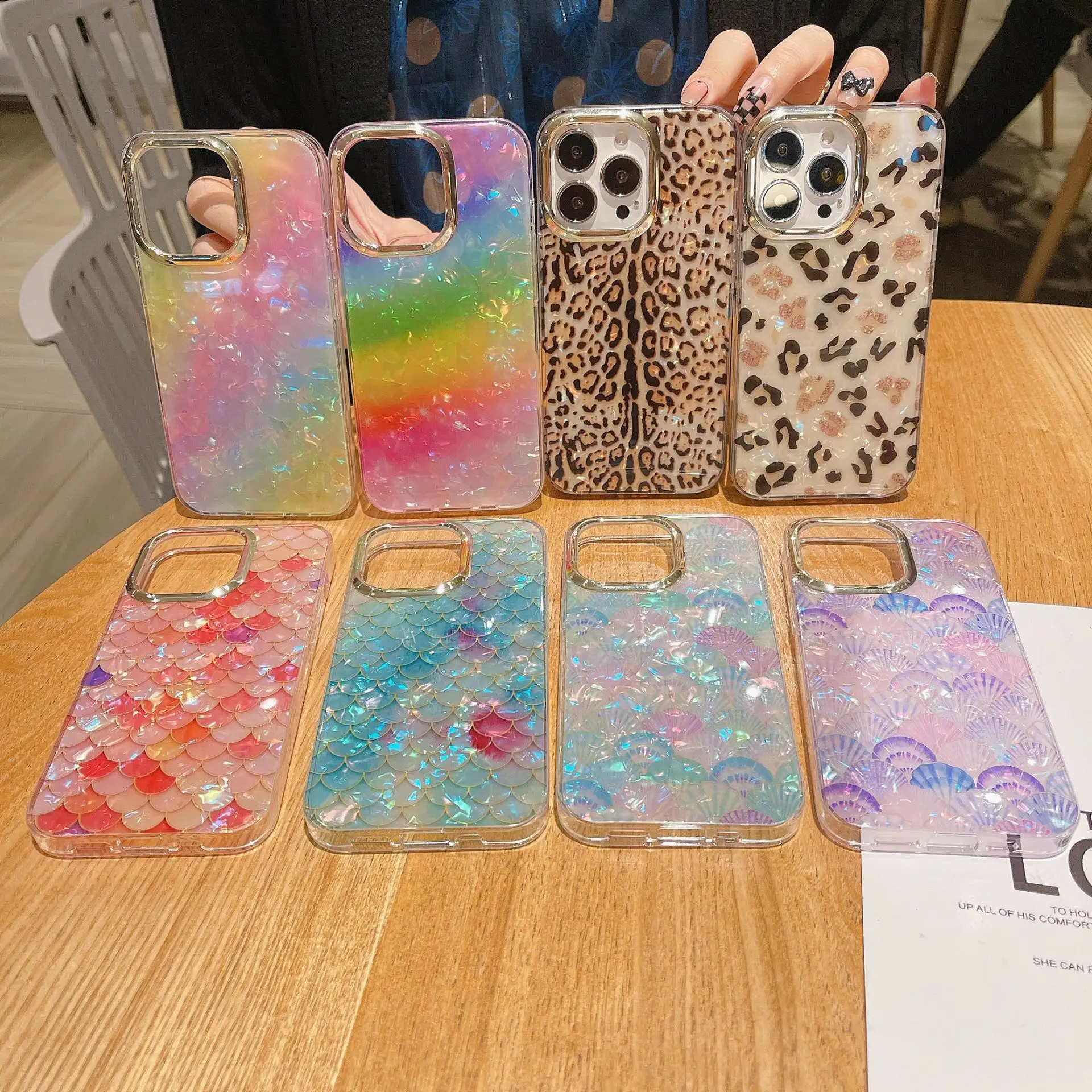 Luxury Bling Glitter Seashell Leopard Print Fish Scale IMD Phone Cases For iphones 15 pro max 13 14 Plus Soft TPU Back Cover