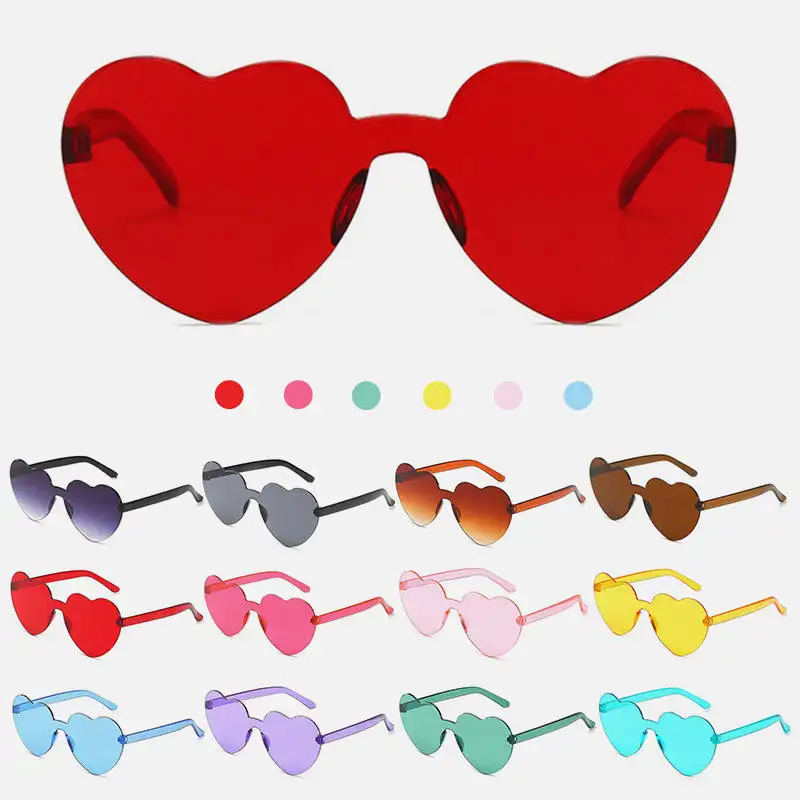 Promotion Transparent Candy Color Eyewear Frameless Party Glasses Heart Shaped Oversized Rimless Sunglasses custom logo