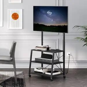Vente en gros Table console TV industrielle Centre de divertissement multimédia Grand meuble TV noir sur roues avec prises de courant et rangement