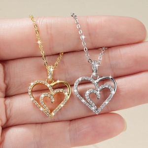 Wholesale Pure <b>Copper</b> 14K Gold Filled Pave Zircon Trendy Link <b>Chain</b> Double Layered Heart Pendant Necklace for Women - Product Image 6