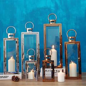 Set di 3 oro in acciaio inox in metallo da esterno appesa per pavimento lanterna a candela portacandele quadrato per la decorazione del corridoio di nozze - Product Image 2