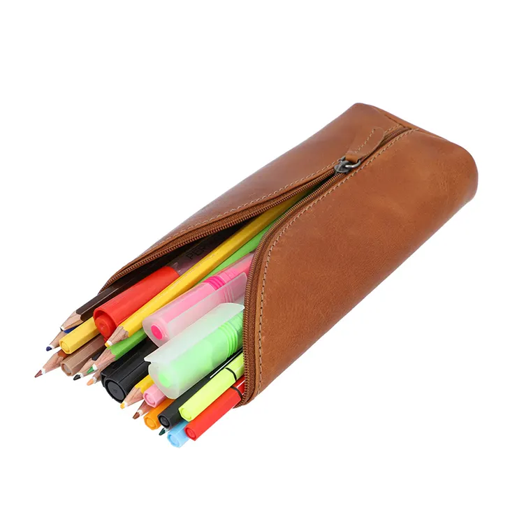 Einzigartige schöne form leder stift tasche kunden echtes leder bleistift fall zipper bleistift tasche fall