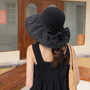 Women Summer Sun Hat Wide Brim Bow Korean Style Foldable Fisherman Hat Upf 50 Anti Uv Protection Solid Color Cotton - Product Image 3