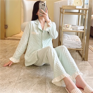 Ensemble de pyjamas en Satin de coton d'été pour femmes Cardigan à manches longues doux coupe ample respirant mignon vêtements de maison pour le printemps - Product Image 2