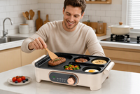 Grill électrique 5-en-1 avec plaque de cuisson 800W, thermostat réglable, zones de cuisson antiadhésives, friteuse à œufs, barbecue domestique