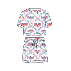 ชุดเสื้อผ้าเด็กผู้หญิงลายธงชาติวันชาติอเมริกา 4 กรกฎาคม รุ่น GSSO3818 สำหรับเด็กเล็ก ขายส่ง เสื้อแขนสั้น ชุดฤดูร้อน - Product Image 1