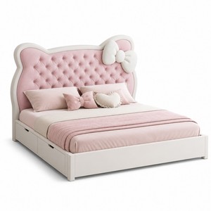 <span class=keywords><strong>Cama</strong></span> de Almacenamiento Tapizada Rosa Princesa con Cabecero Acolchado con Lazo, Estructura con Elevación Hidráulica, <span class=keywords><strong>Cama</strong></span> para Dormitorio de Niñas, OEM ODM, Venta al por Mayor - Product Image 2