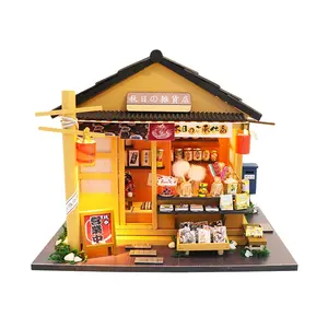 Diy Wood Christmas Gift Furniture Toy House Doll House Decoration With Light Wood Miniature Houses Japanese Grocery Store