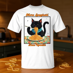 T-shirt vintage avec motif de chat mangeant des spaghettis, design « Plus de spaghettis, moins d'émotions », vêtements promotionnels - Product Image 3