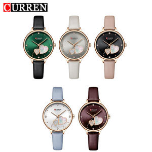 Montre pour femme CURREN 9077 en or rose, boîtier en alliage en forme de cœur personnalisé, bracelet en cuir, verre, acier inoxydable, étanche - Product Image 6