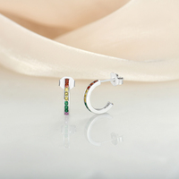 Parure de bijoux en argent sterling 925, motif arc-en-ciel, comprenant une bague demi-éternité et des boucles d'oreilles créoles en forme de C, serties de zircons cubiques colorés, pour femme
