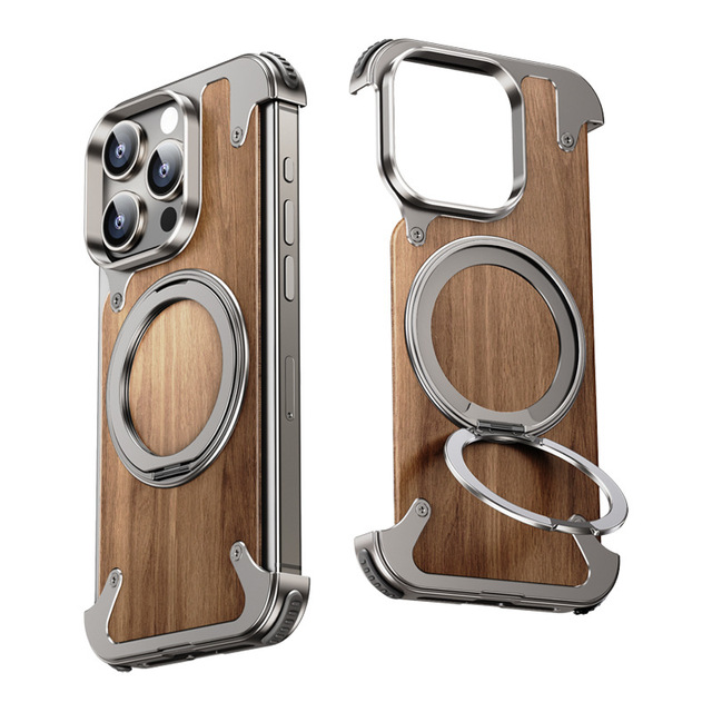 Natural Fragrance Bamboo & Walnut Wood Magnetic Ring Holder 360 Degrees Rotating for Cushion Case for 17 Pro Max