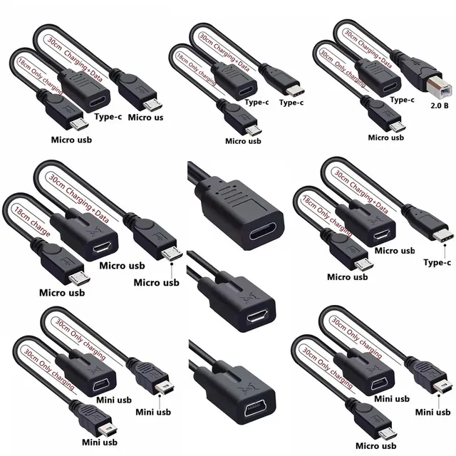 Mini Micro USB Type-C Female to 2x Mini USB Type-B Male Y Extension Charging & Data Adapter Cable 30cm Model U2-110