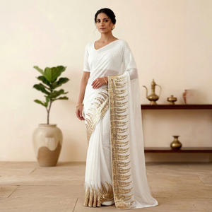 ชุดส่าหรีอินเดียแบบยาวถึงพื้น ผ้าจอร์เจตต์ปักลายสวยงาม แบรนด์ Indian Boutique Nx สไตล์บอลลีวูด ขายดีที่สุด สีขาว สำหรับงานปาร์ตี้ ดีไซน์ทันสมัย - Product Image 1