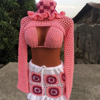 Maillot de bain bikini 2 pièces tricoté à la main, nouvelle mode transfrontalière, pour fête sur la plage, avec haut tube uni et taille ajustée, idéal pour les photos