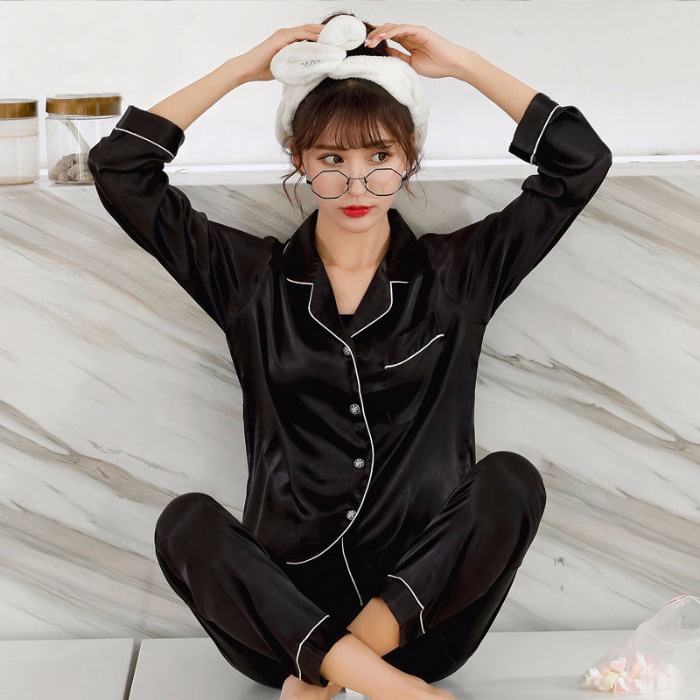 Imitated Silk Fabric Women Pajamas Set,large Size Comfortable Silky Long  -sleeved Ladies Home Wear,wholesale Satin Pajamas