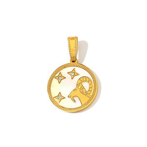 Charme de pièce de monnaie en acier inoxydable plaqué or 18 carats, 12 signes du zodiaque, charme d'<span class=keywords><strong>horoscope</strong></span> en nacre - Product Image 4