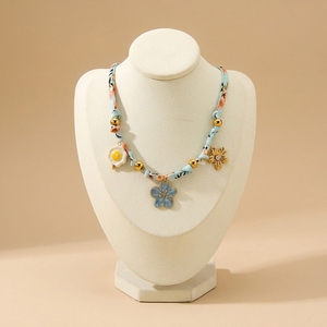 Collar <span class=keywords><strong>de</strong></span> Mujer Estilo Bohemio Fatingna, Tela y Seda <span class=keywords><strong>con</strong></span> Acero Inoxidable, Cerámica, Circonita Cúbica, Flor Azul, Collar Moderno - Product Image 2