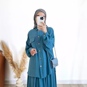 Ensemble chemise et jupe décontractés pour femme, coupe ample, manches longues, couleur unie vert paon et bleu ciel, tailles S, M, L, XL, XXL, élégant pour le quotidien - Product Image 2