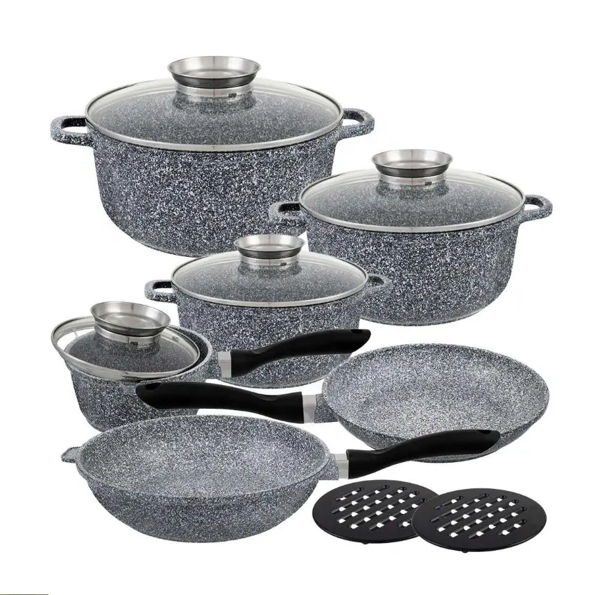12pcs cast aluminium non stick ceramic marble snow dots coated cookware pots sets with glass cover
