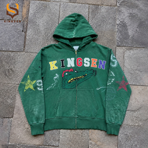 Embroidered Patch Acid Wash Streetwear Custom DTG Printing <b>Zip</b> up Hoodies Men's Heavyweight 100% Cotton Graphic Hoodie - Product Image 1