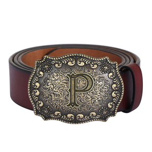 Ceinture de cowboy vintage antique en bronze avec lettre A, ceinture en cuir à grande boucle à motif floral sculpté pour tenue décontractée - Product Image 2