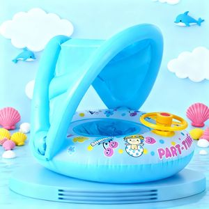 ห่วงยางว่ายน้ำแบบเป่าลมพร้อมพวงมาลัยบังแดดสำหรับเด็กเล่นน้ำลายการ์ตูน 63x53x44 ซม. สำหรับใช้กลางแจ้ง - Product Image 1