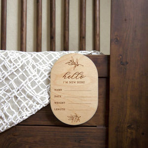Doğum duyuru için ahşap <span class=keywords><strong>Oval</strong></span> yenidoğan tabela 3mm kalın oyulmuş harfler modeli ev dekor zanaat sanat hatıra kartı - Product Image 5