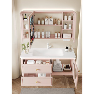 Modern MDF Pink Bathroom Vanity Combo with Ceramic Basin Wall-Mounted LED Mirror Customizable for Apartment & Hospital Use - Product Image 4