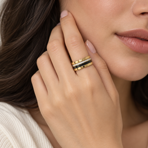 แหวนสแตนเลสสตีลชุบทอง 14K สีดำประดับเพชรซิร์คอน ดีไซน์วงกว้างตัดสี - Product Image 5