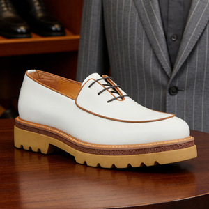 Chaussures Richelieu en cuir véritable blanc pour hommes, bout rond, à lacets, semelle extérieure en caoutchouc, confortables, pour le bureau et les occasions formelles - Product Image 4