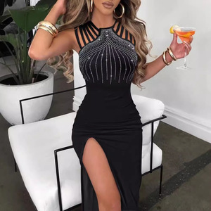 Robe de soirée mi-longue noire TEN avec strass et découpe pour femme - Product Image 2