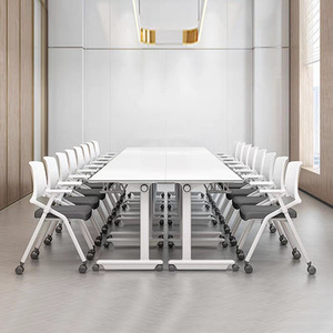 <b>Folding</b> Conference <b>Table</b> White Rectangular Modular Movable Office <b>Desk</b> With Wheels For Meeting Room Training Space - Product Image 1