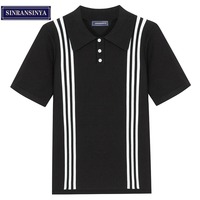 Polo d'été pour homme, décontracté, à manches courtes, en tricot de soie glacée, noir, rayé blanc, coupe slim, style vintage